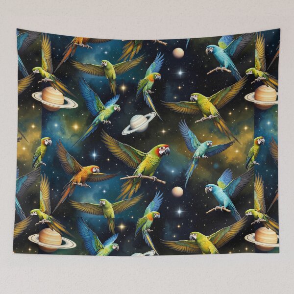Item preview, Colorful Parrots Flying in Outer Space designed and sold by SassyArtistry.