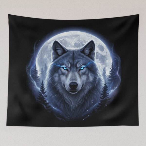 Artikelvorschau, Grauer Wolf jagt unter eisigem Mond – Waldgalaxie-Kunst entworfen und verkauft von Alexis Art Collection.
