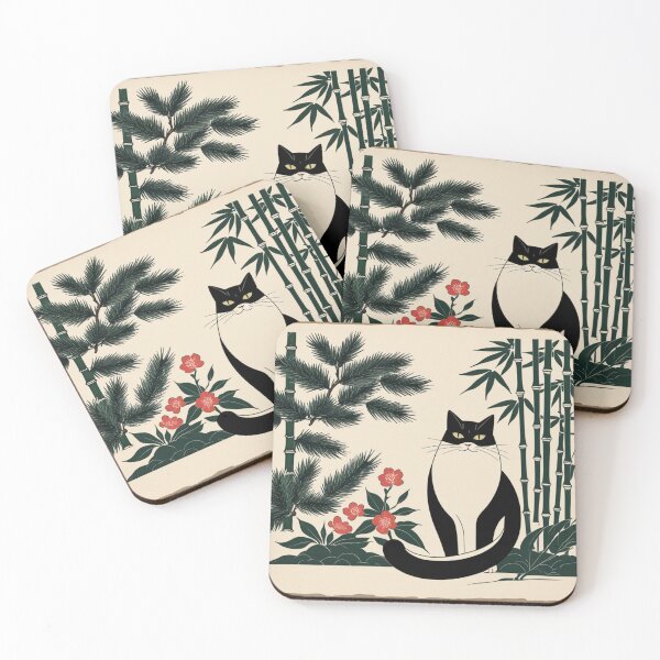 Item preview, Hanafuda Style Black & White Lucky Cat – Pine Bamboo Plum designed and sold by LEO'S CREATURE　れおずくりーちゃー.