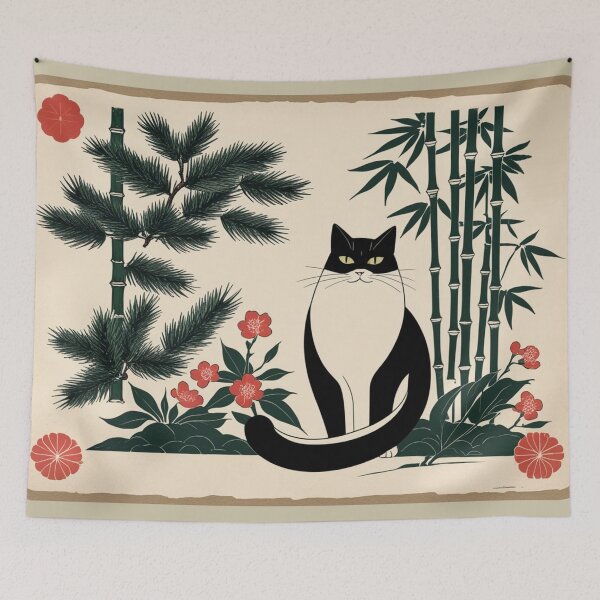 Item preview, Hanafuda Style Black & White Lucky Cat – Pine Bamboo Plum designed and sold by LEO'S CREATURE　れおずくりーちゃー.