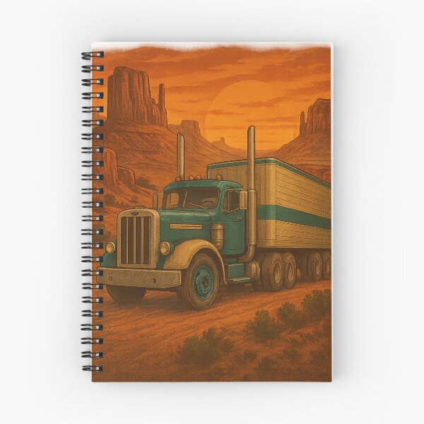 Artikelvorschau, Retro-amerikanischer Sattelschlepper bei Sonnenuntergang in Canyon-Landschaft entworfen und verkauft von © Zenscape Studio 2025.