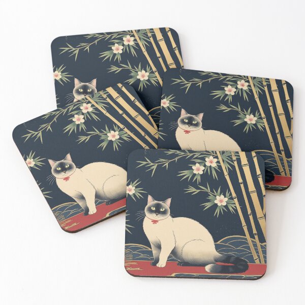 Item preview, Hanafuda Style Lucky Cat – Night Colors (Pine Bamboo Plum) designed and sold by LEO'S CREATURE　れおずくりーちゃー.