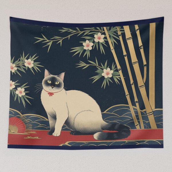 Item preview, Hanafuda Style Lucky Cat – Night Colors (Pine Bamboo Plum) designed and sold by LEO'S CREATURE　れおずくりーちゃー.