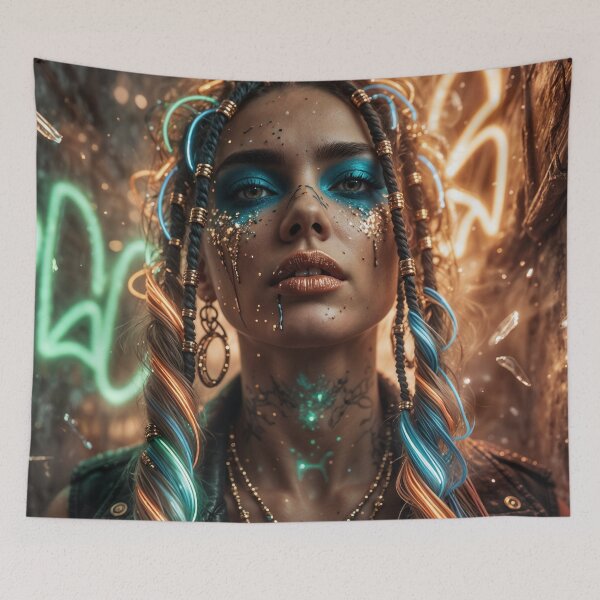 Item preview, Neon Cyberpunk Muse – Futuristic Woman Portrait with Glowing Braids designed and sold by ArtiQreate.