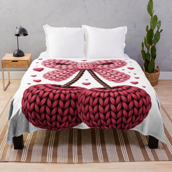 Item preview, Cute Knitted Cherries with Pink Bow – Cozy Valentine Aesthetic Art designed and sold by DigitalPrints26.