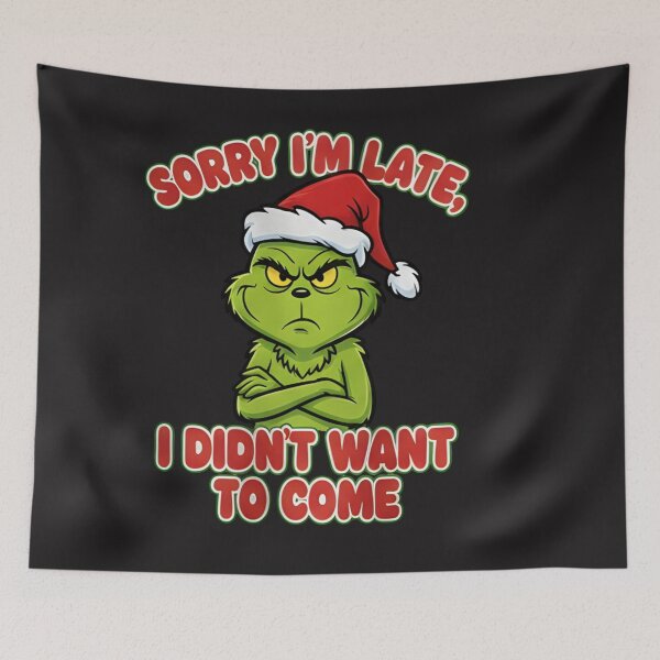 Item preview, Funny Grumpy Green Christmas T-Shirt - Sorry I’m Late I Didn’t Want to Come - Sarcastic Holiday Character Santa Hat Shirt - Mood Christmas Vector Graphic Tee designed and sold by ZyxDes.