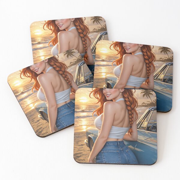 Item preview, Rowan beach sunset with vintage car and red hair designed and sold by CathryneDelamort.