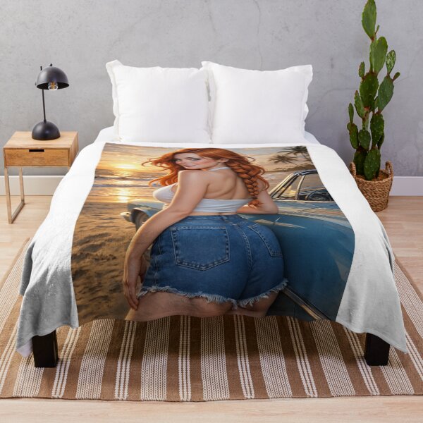 Item preview, Rowan beach sunset with vintage car and red hair designed and sold by CathryneDelamort.
