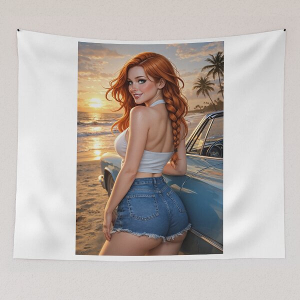 Item preview, Rowan beach sunset with vintage car and red hair designed and sold by CathryneDelamort.