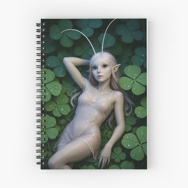 Item preview, Pale elf with antennae rests among dewy clovers designed and sold by CathryneDelamort.