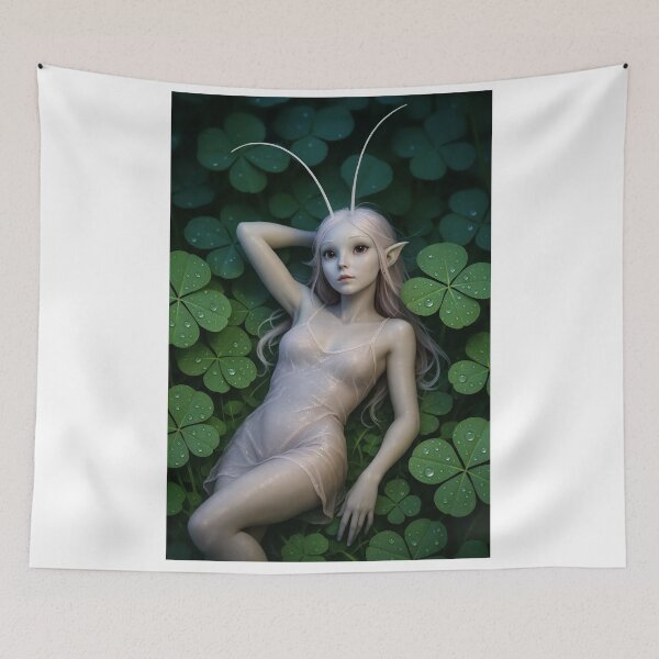 Item preview, Pale elf with antennae rests among dewy clovers designed and sold by CathryneDelamort.