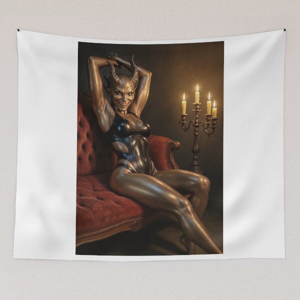 Item preview, Bronze Demon Woman with Horns on Red Couch designed and sold by CathryneDelamort.