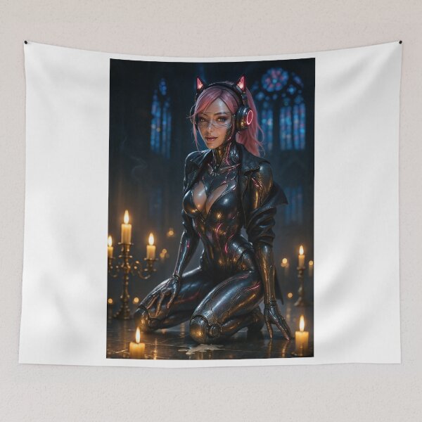Item preview, Cybercat warrior kneels in cathedral designed and sold by CathryneDelamort.