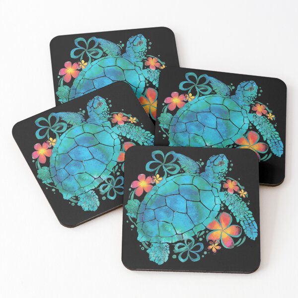 Item preview, Turquoise Watercolor Sea Turtle with Tropical Hibiscus Flowers designed and sold by zoughlal.