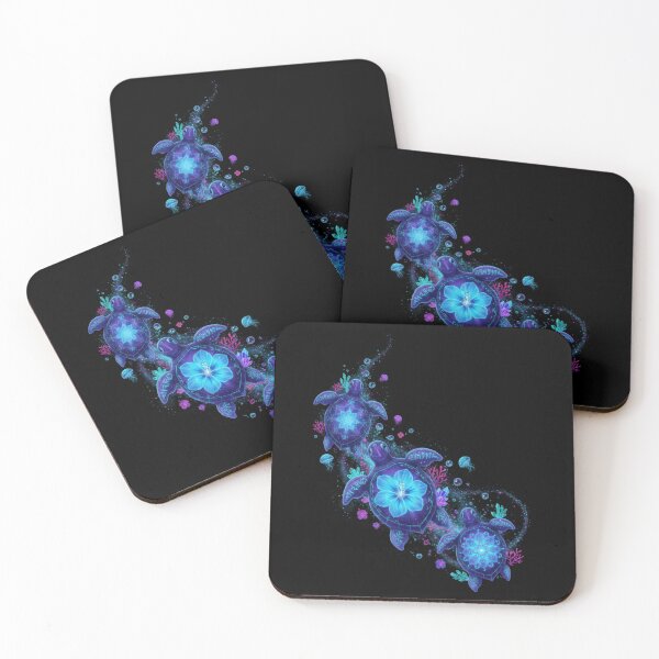 Item preview,  Luminous Sea Turtles with Hibiscus Mandala Shell Black Background Art designed and sold by zoughlal.