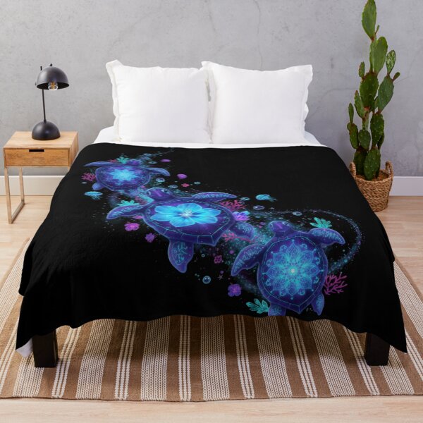 Item preview, Luminous Sea Turtles with Hibiscus Mandala Shell Black Background Art designed and sold by zoughlal.