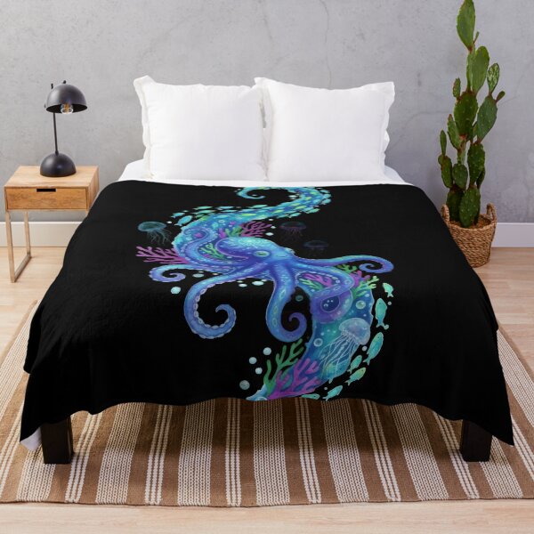 Item preview, Blue Octopus with School of Fish Ocean Wildlife Watercolor Design designed and sold by zoughlal.