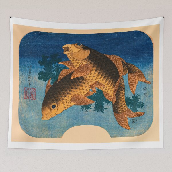 Item preview, Swimming Carp and Water Weeds - Vintage Japanese Fan Print designed and sold by Open Canvas.