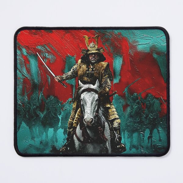 Item preview, Feudal Japanese Samurai Horse Art | Golden Shogun General Painting | Teal and Red Warrior Poster designed and sold by Art's Diner.