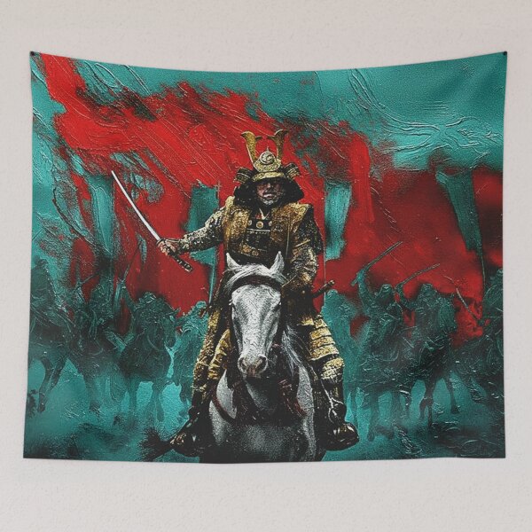 Item preview, Feudal Japanese Samurai Horse Art | Golden Shogun General Painting | Teal and Red Warrior Poster designed and sold by Art's Diner.
