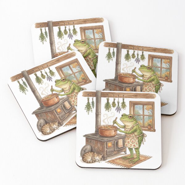 Item preview, Cozy Cottagecore Frog Cooking Soup in Rustic Kitchen designed and sold by EverBranz-stor.