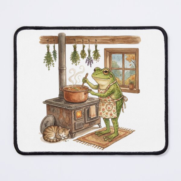 Item preview, Cozy Cottagecore Frog Cooking Soup in Rustic Kitchen designed and sold by EverBranz-stor.