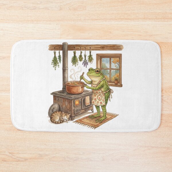 Item preview, Cozy Cottagecore Frog Cooking Soup in Rustic Kitchen designed and sold by EverBranz-stor.