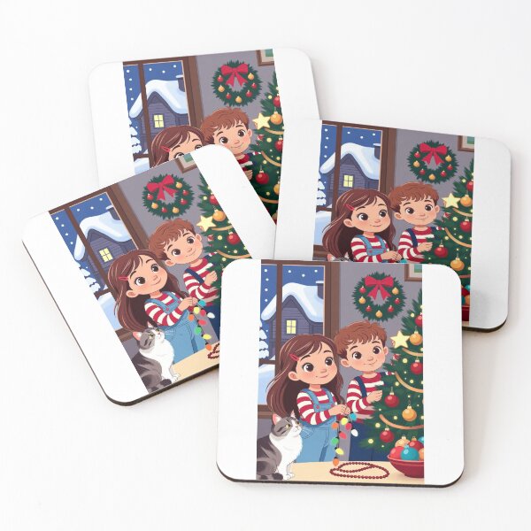Item preview, Two children are decorating the Christmas tree and their cat are sitting next to it designed and sold by Designfs.