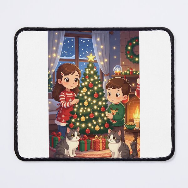 Item preview, Two children are decorating the Christmas tree and their cats are sitting next to it designed and sold by Designfs.