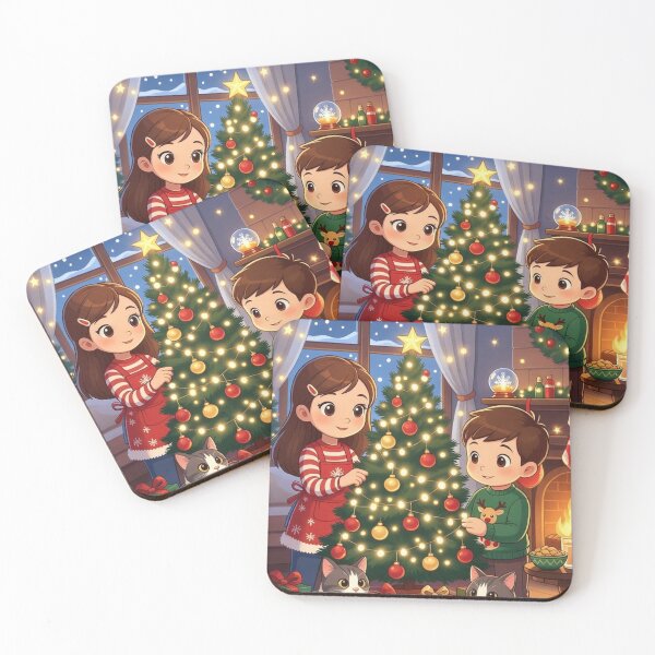 Item preview, Two children are decorating the Christmas tree and their cats are sitting next to it designed and sold by Designfs.