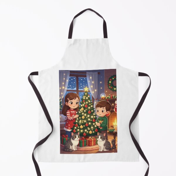 Item preview, Two children are decorating the Christmas tree and their cats are sitting next to it designed and sold by Designfs.