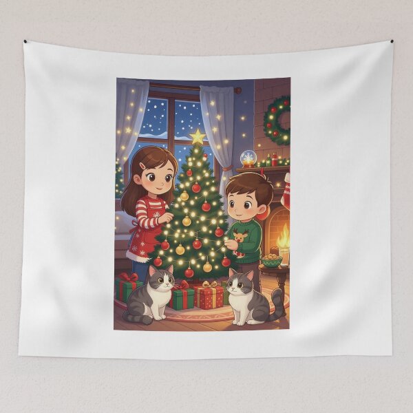 Item preview, Two children are decorating the Christmas tree and their cats are sitting next to it designed and sold by Designfs.