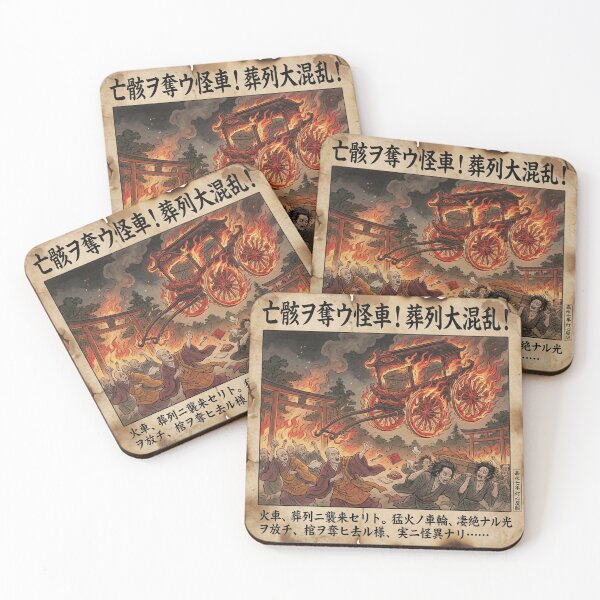 Item preview, Fire Phantom Funeral Cart | Japanese Kawaraban Vintage Newspaper Style | Edo Monster Incident Art designed and sold by Mori-no-Akari.
