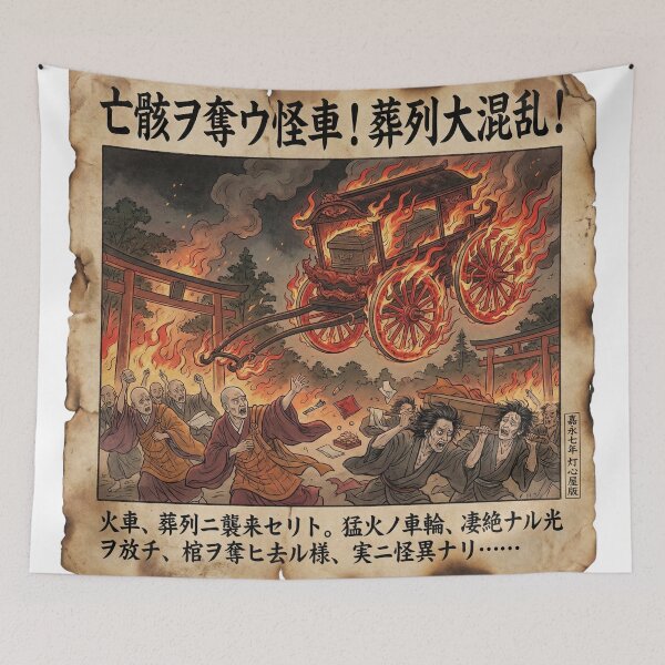 Item preview, Fire Phantom Funeral Cart | Japanese Kawaraban Vintage Newspaper Style | Edo Monster Incident Art designed and sold by Mori-no-Akari.