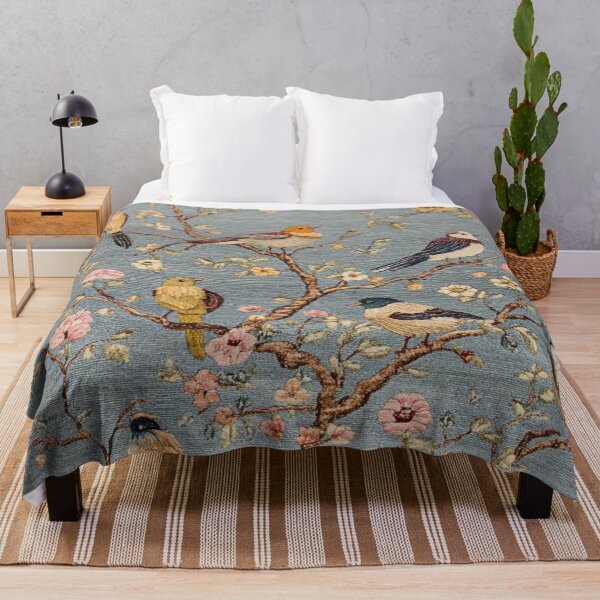 Item preview, Blue-Gray Silk Wildflowers Colorful Birds Tree Carpet designed and sold by GrinGalore.