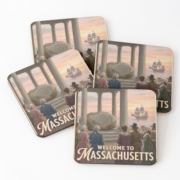 Item preview, Vintage Plymouth Rock and Mayflower Massachusetts Travel Poster Art designed and sold by Cozy-Old-Pub.