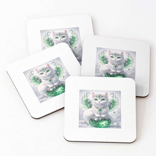 Item preview, Emerald Angel Cat – Fantasy White Cat with Green Crystal Wings designed and sold by LovelyCatGalaxy.
