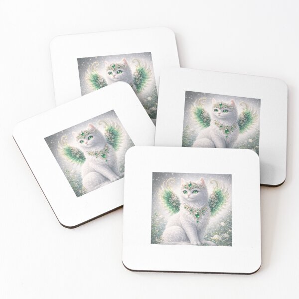 Item preview, Emerald Angel Cat – Fantasy White Cat Illustration designed and sold by LovelyCatGalaxy.