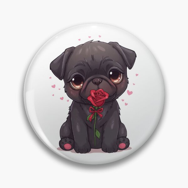 Artikelvorschau, Kawaii Chibi schwarzer Mops hält Rose – Geschenk zur Welpenliebe zum Valentinstag entworfen und verkauft von Bada-stickers.