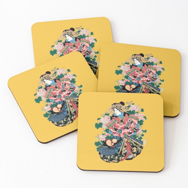 Item preview, Geisha In Elaborate Kimono Surrounded By Floral Motifs And Wooden Fans In Vibrant Art Style designed and sold by portokalis.