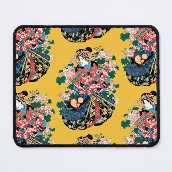 Item preview, Geisha In Elaborate Kimono Surrounded By Floral Motifs And Wooden Fans In Vibrant Art Style designed and sold by portokalis.