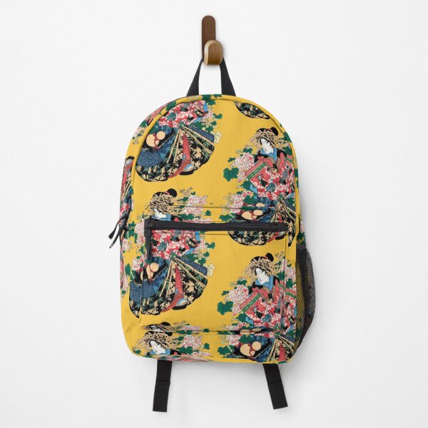 Item preview, Geisha In Elaborate Kimono Surrounded By Floral Motifs And Wooden Fans In Vibrant Art Style designed and sold by portokalis.