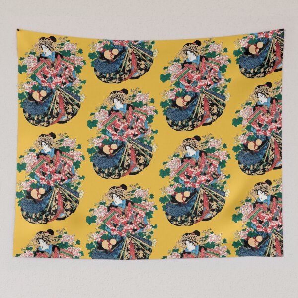 Item preview, Geisha In Elaborate Kimono Surrounded By Floral Motifs And Wooden Fans In Vibrant Art Style designed and sold by portokalis.
