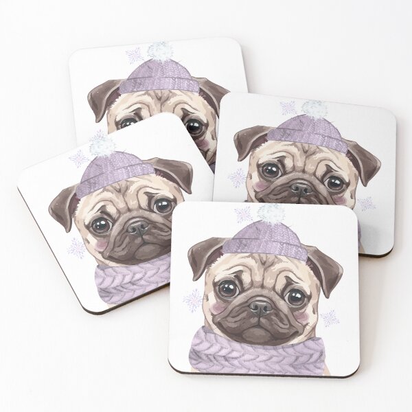 Item preview, Winter Pug Illustration – Cute Pug in Lavender Hat & Scarf – Cozy Dog Art designed and sold by MitMopsundHerz Rosinchens_Welt.