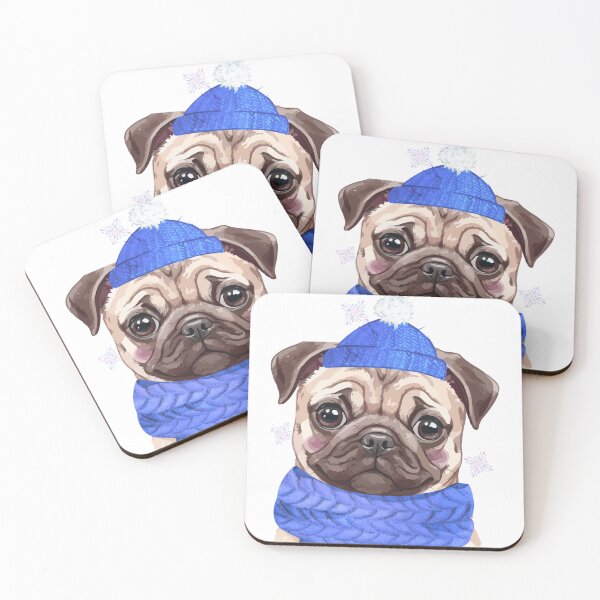 Item preview,  Winter Pug Illustration – Cute Pug in Blue Hat & Scarf – Cozy Dog Art designed and sold by MitMopsundHerz Rosinchens_Welt.