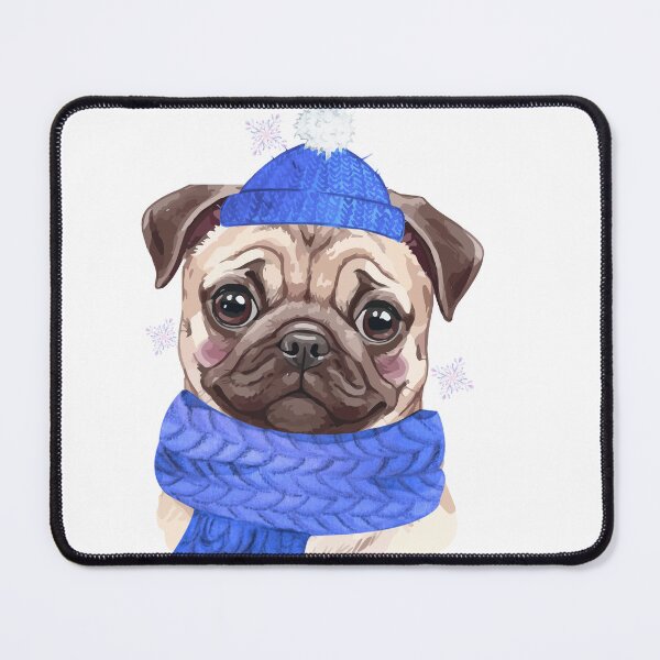 Artikelvorschau, Winter Pug Illustration – Cute Pug in Blue Hat & Scarf – Cozy Dog Art entworfen und verkauft von MitMopsundHerz Rosinchens_Welt.