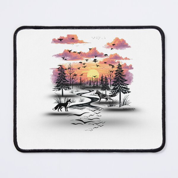 Item preview, Sunset River Landscape with Trees, Flying Birds and Two Foxes designed and sold by Aura Design.