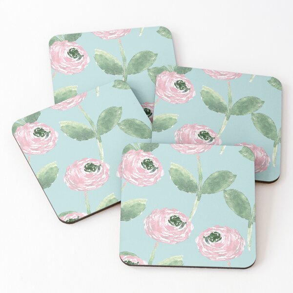 Item preview, Soft Pink Watercolor Ranunculus – Sage Green Floral on Light Blue designed and sold by aneladesigns.
