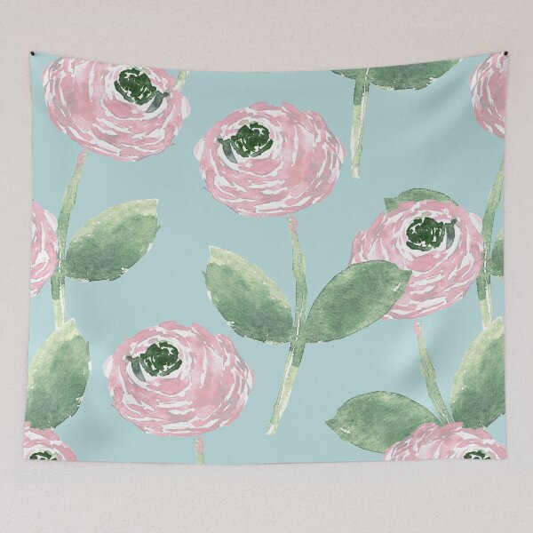 Item preview, Soft Pink Watercolor Ranunculus – Sage Green Floral on Light Blue designed and sold by aneladesigns.