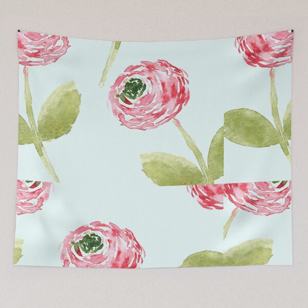 Item preview,  Soft Pink Watercolor Ranunculus – Sage Green Floral on Light Blue designed and sold by aneladesigns.